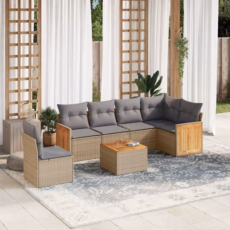 vidaXL Set Divani da Giardino 7 pz a Forma a L in Polyrattan con Cuscini Beige e Grigio e Tavolino da Esterno