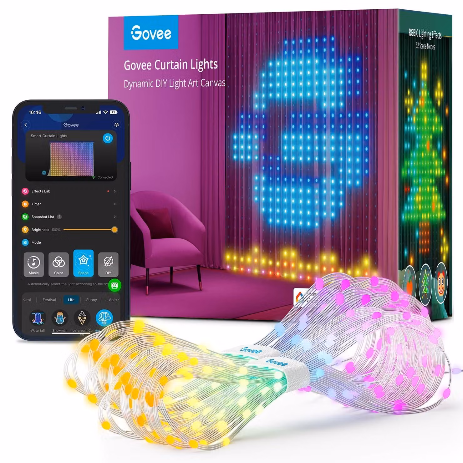 Pannello luminoso a LED RGBIC, 520 LED, dimensioni 1,5x2 metri, grado di protezione IP65 (resistente all'acqua), 86+ modalità, controllabile tramite sistema smart