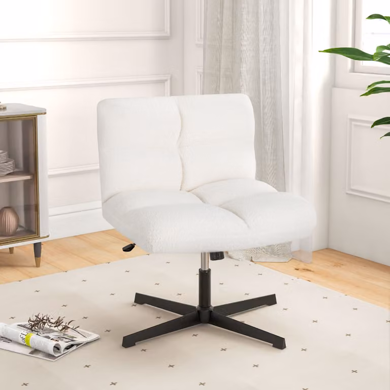 Sedia da ufficio Costway senza braccioli regolabile in altezza, sedia da scrivania moderna con seduta ampia in tessuto beige e bianco per home office
