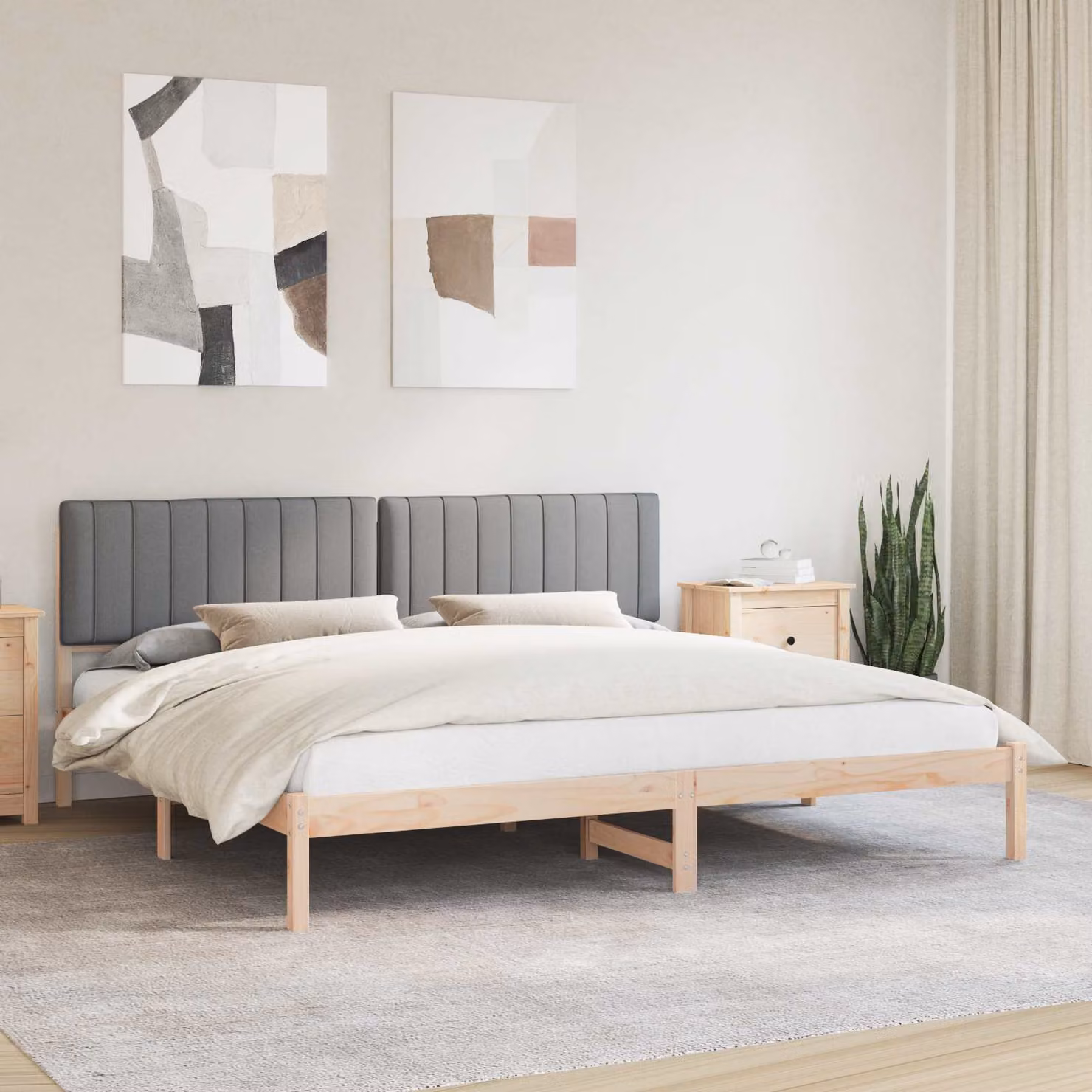 Letto con Testiera Rivestita vidaXL in Legno di Pino e Tessuto Grigio 200 x 200 cm – 1