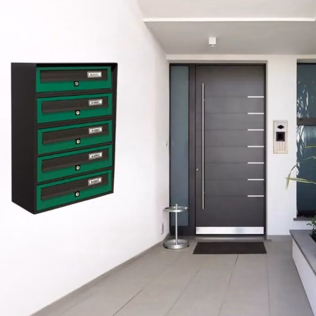 ALUBOX SLIM Cassette Postali Condominiali da 5 Posti in Lamiera Zincata e Alluminio con Sistema Anti Prelievo, Colore Antracite Verde, L: 63 cm, P: 39 cm, H: 30 cm – 1