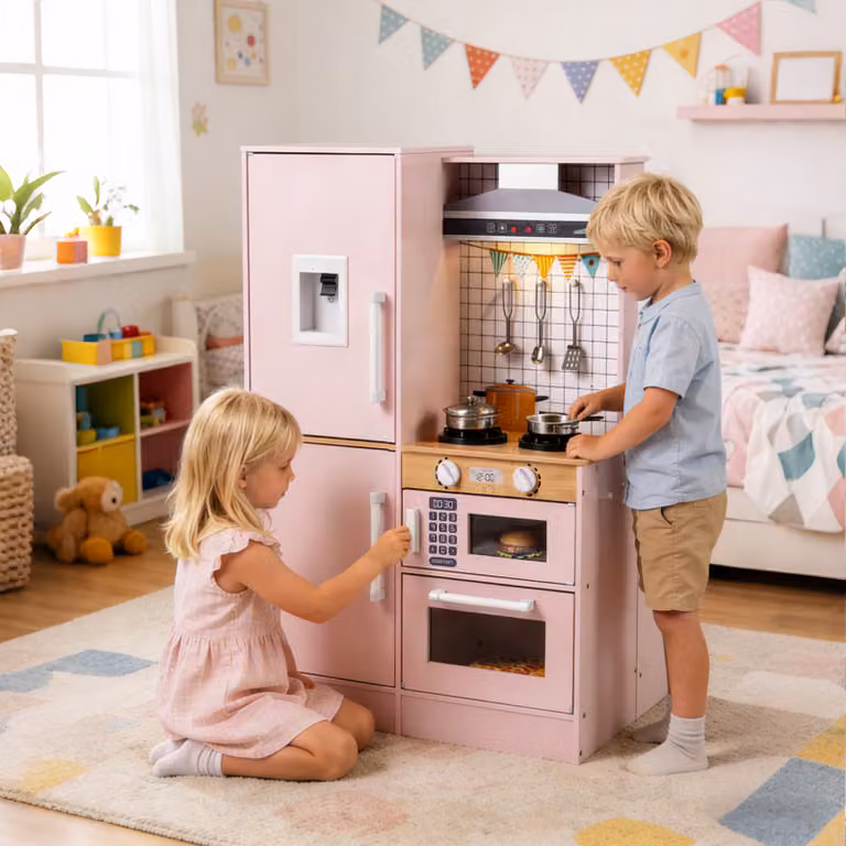 Cucina giocattolo bifacciale in legno Costway con luci e suoni, completa di cappa, microonde e utensili, colore rosa
