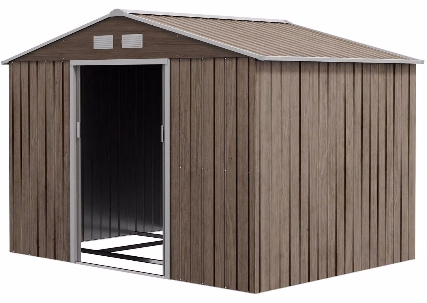 Capanno per attrezzi 4,9 m², capanno da giardino con tetto spiovente, porta scorrevole, fondazione, 277 x 195 x 192 cm, capanno per attrezzi in acciaio zincato, resistente alle intemperie, per giardino, marrone chiaro