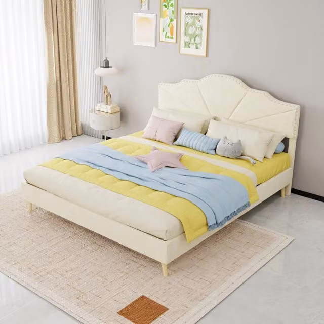letto imbottito tessuto e metallo beige 160 x 200 cm