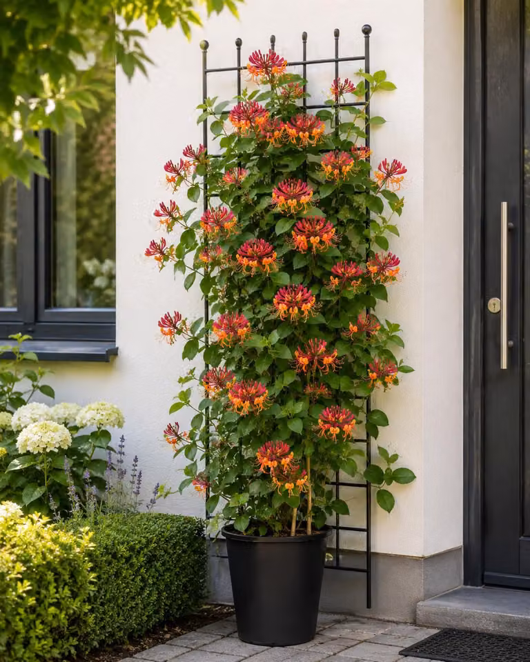 Lonicera heckrottii Goldflame: 60–80 cm – Caprifoglio profumato, pianta rampicante resistente al freddo con fiori rosso-gialli, ideale per giardino e balcone