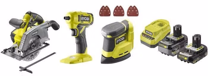 Kit 3 utensili a 18V ONE+ RYOBI R18CK3G-242G: trapano-avvitatore, sega circolare, levigatrice orbitale. Include batterie da 2Ah e 4Ah, e caricabatterie