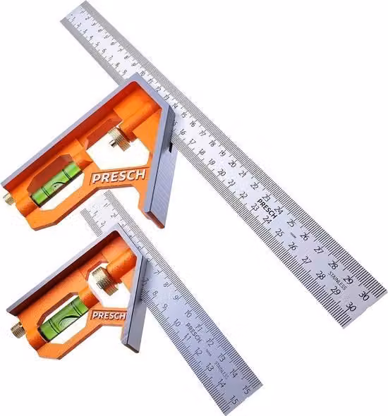Set di due angoli combinati professionali PRESCH con livello lineare, misure 150 mm e 300 mm, colore nero e arancione