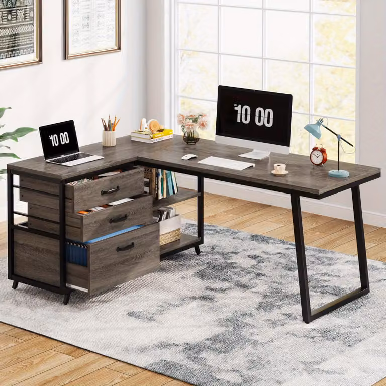 Scrivania ad angolo - Scrivania a forma di L - Scrivania per computer - Scrivania da ufficio - Scrivania per l'home office - 3 cassetti - Design reversibile