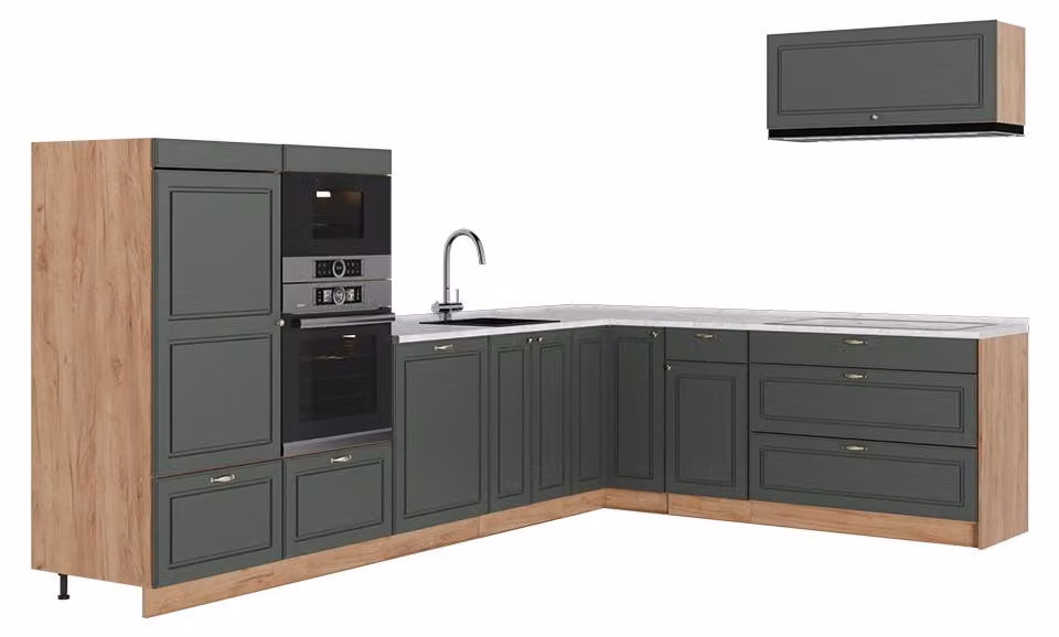 Cucina angolare completa Vicco Fame-Line Verde-oro rustico/Rovere dorato 327 x 227 cm, PL Marmo, Model 64398