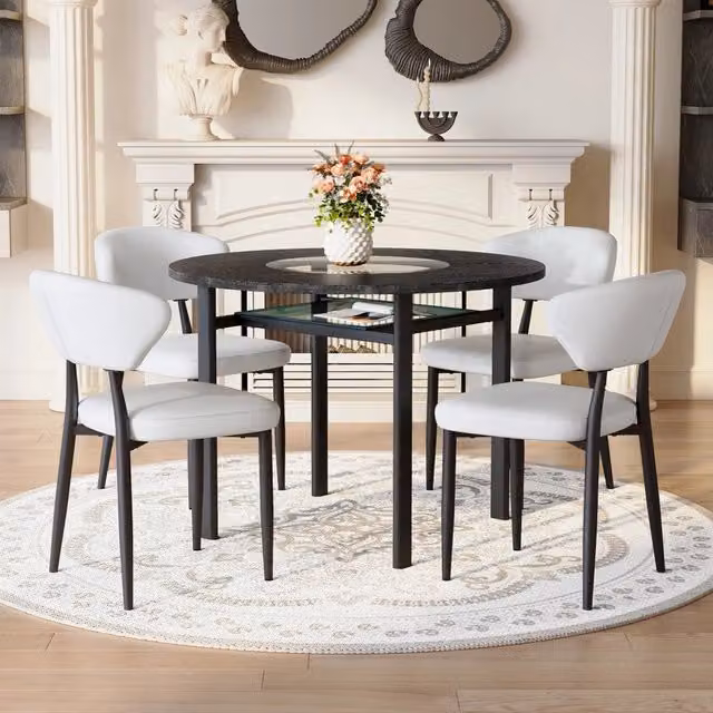 Set tavolo da pranzo e sedie con 1 tavolo rotondo e 4 sedie, ripiano in MDF, vetro, metallo e PU nero e bianco