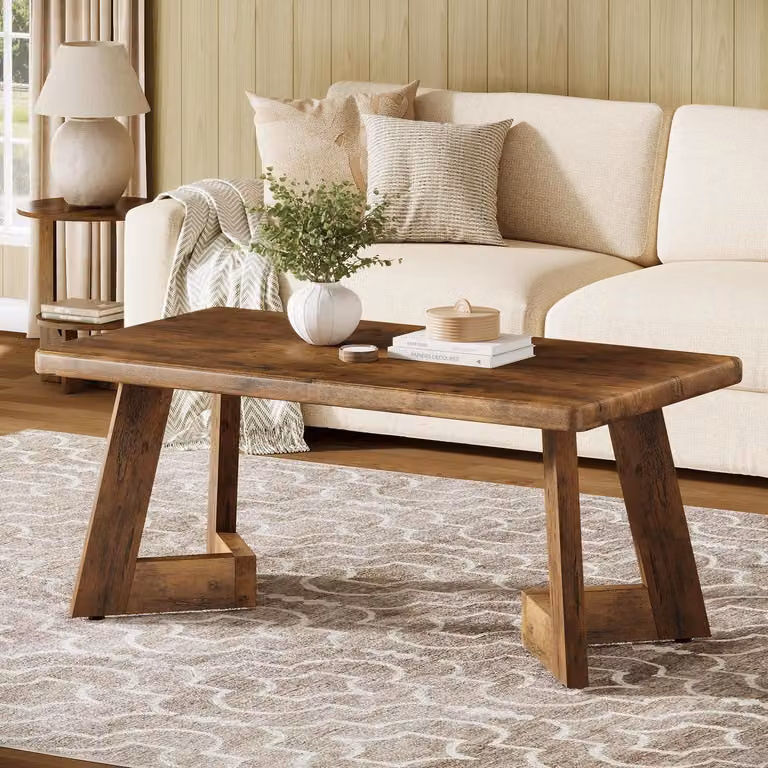 Tavolino rettangolare per soggiorno, stile rustico, legno, gambe a V, colore marrone, dimensioni 120x60 cm