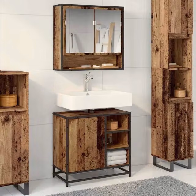 Set di mobili da bagno vidaXL composto da mobile sottolavabo e pensile con specchio in legno e metallo marrone, design moderno, montaggio a parete