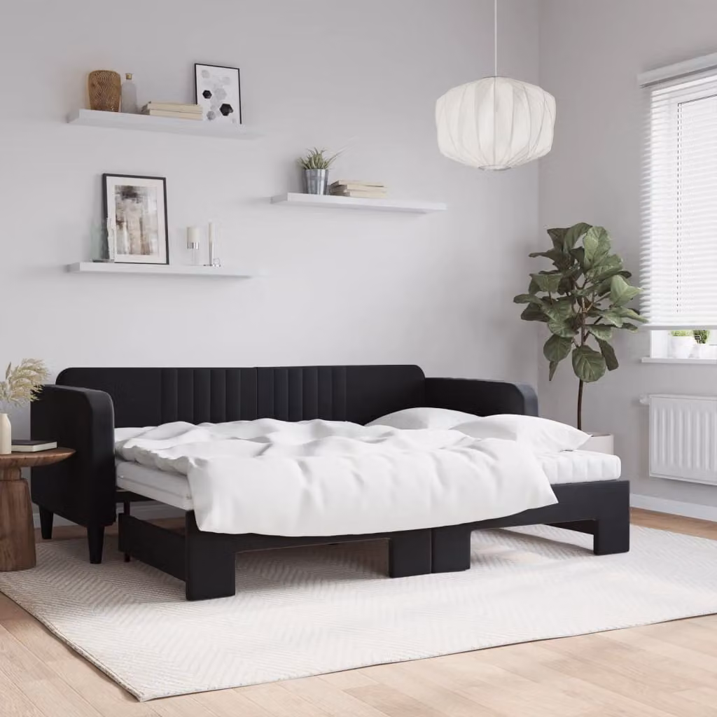 vidaXL Divano Letto Estraibile in Velluto Nero con Materasso L/P/H: 223 x 80 x 200 cm