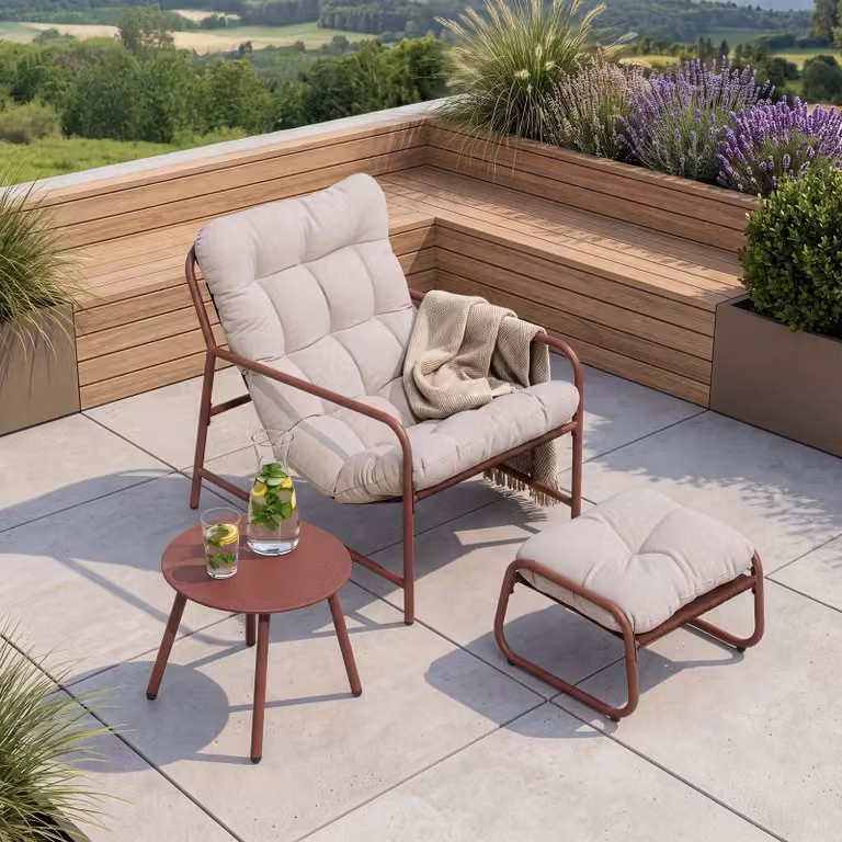 Set di mobili da giardino "Trerdfjoa" composto da: sedia da giardino, tavolo da giardino e poggiapiedi. Struttura in metallo, colore: ruggine/grigio