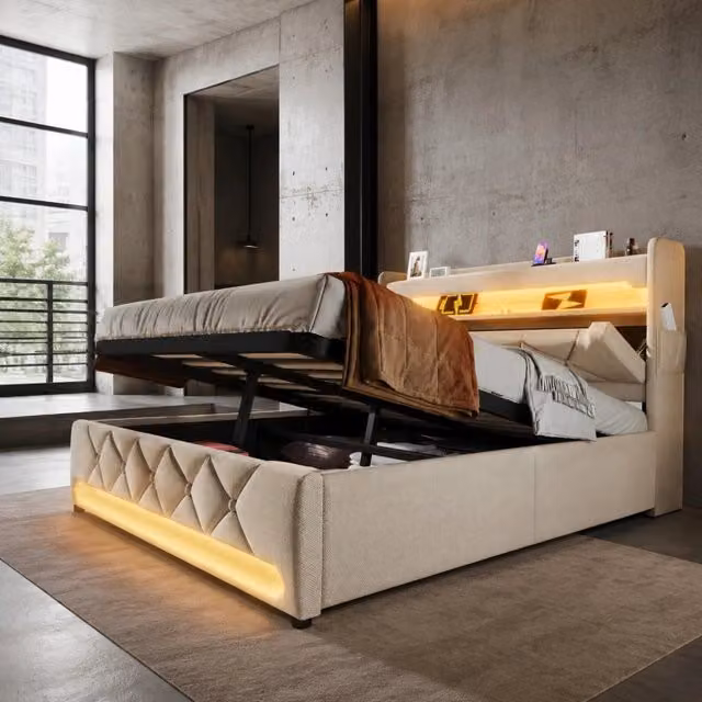 Letto matrimoniale con contenitore idraulico 160x200 cm; LED 360°; ricarica USB e Type-C; beige in lino