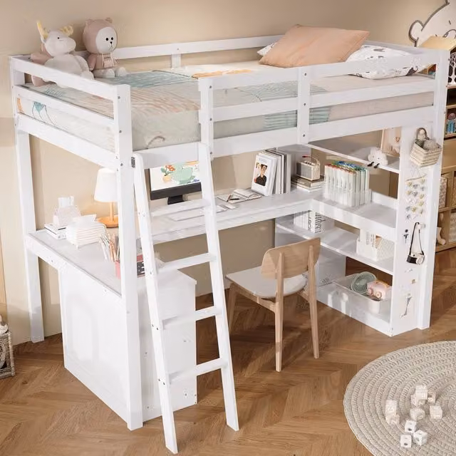 Letto a soppalco per bambini 90×200 cm con ripiani, scala e barriera, senza materasso, in legno, bianco