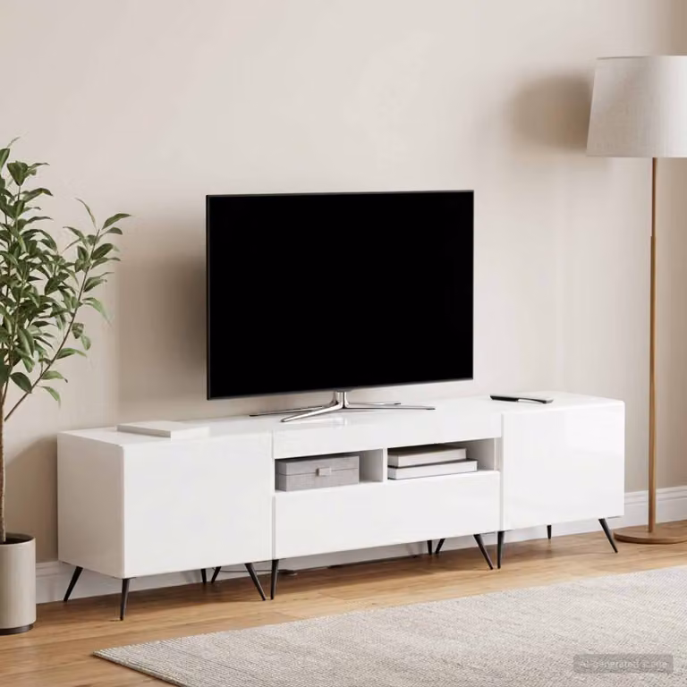 Mobile TV stand vidaXL BREDA moderno in legno MDF bianco lucido con illuminazione integrata e scomparti multimediali L: 179,0 cm, P: 43,0 cm, H: 35,0 cm