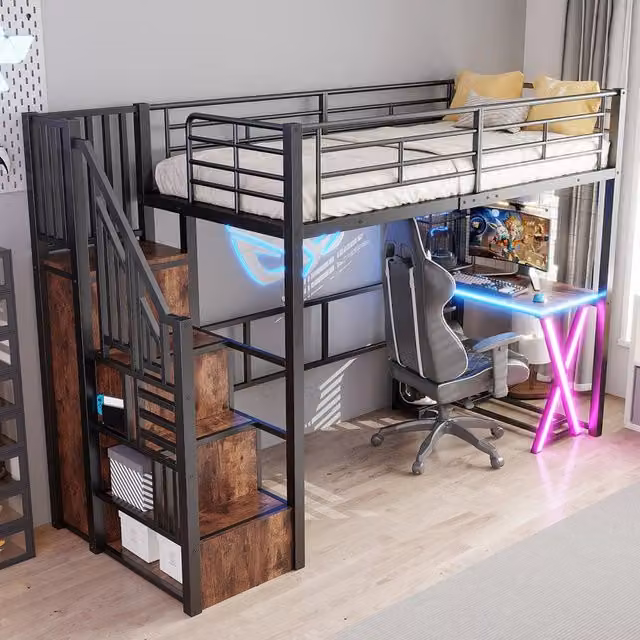 Letto a soppalco 90 × 200 cm con scrivania armadio scala contenitore LED telecomandato metallo MDF nero