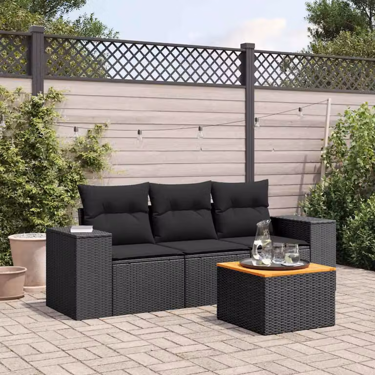 Set da Giardino vidaXL 4 Pezzi con Cuscini Nero in Polyrattan e Acciaio Verniciato a Polvere