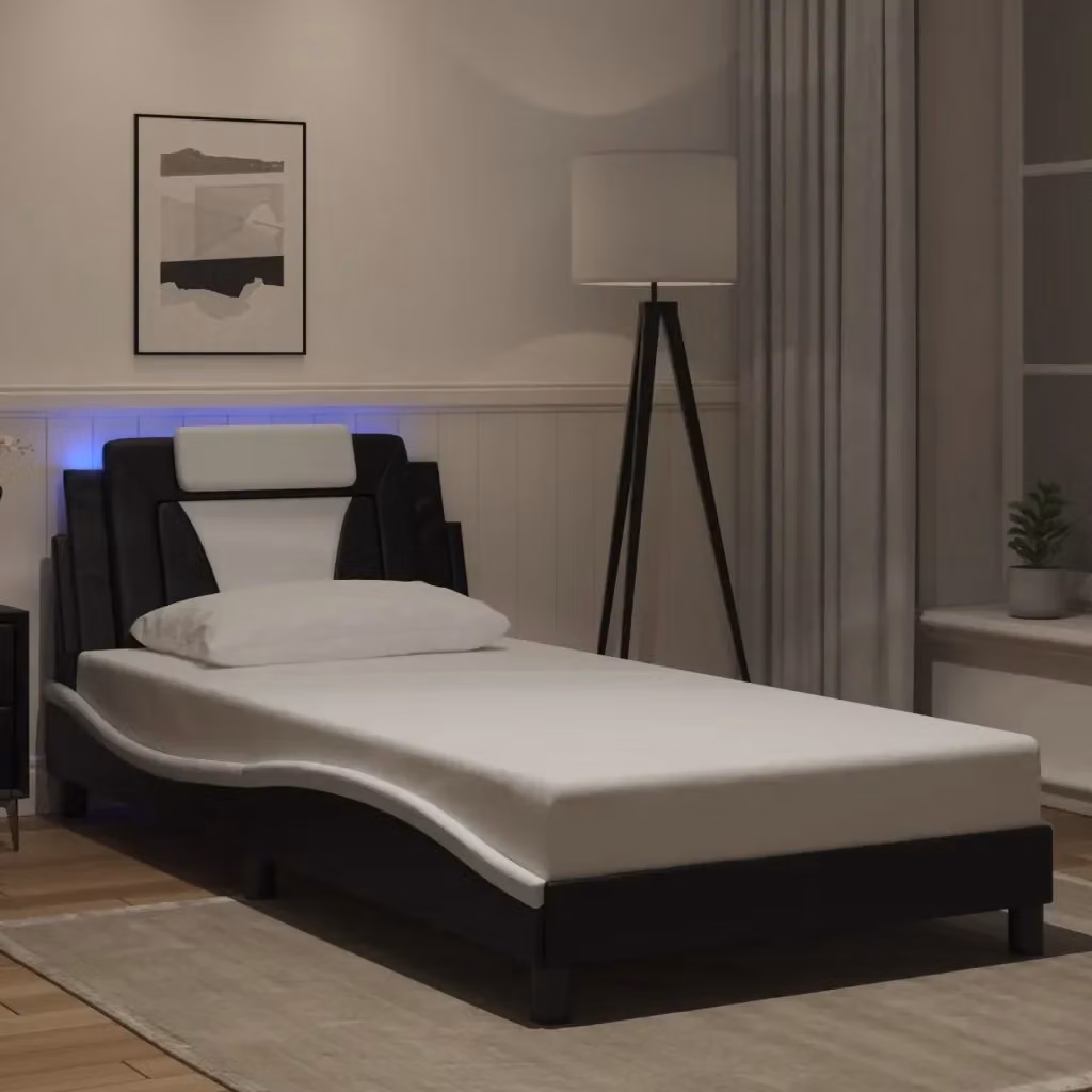 Letto singolo Viana con LED e porta di ricarica USB, Nero e Bianco, L/P/H: 100 x 200 cm – 2