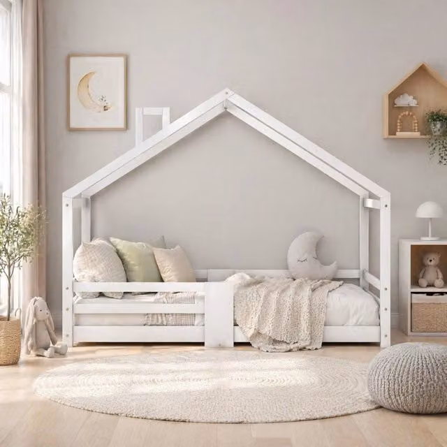 Letto a casetta MODFU per bambini in legno massello di pino bianco, L/P/H: 200 x 90 x 142,5 cm
