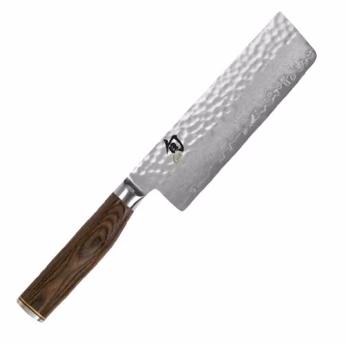 KAI Shun Premier Tim Mälzer Nakiri 14 cm lunghezza lama - Nucleo VG-MAX 61 (±1) HRC, 32 strati di damasco lucidato a specchio - Legno Pakka marrone medio venato - Superficie martellata - Made in Japan