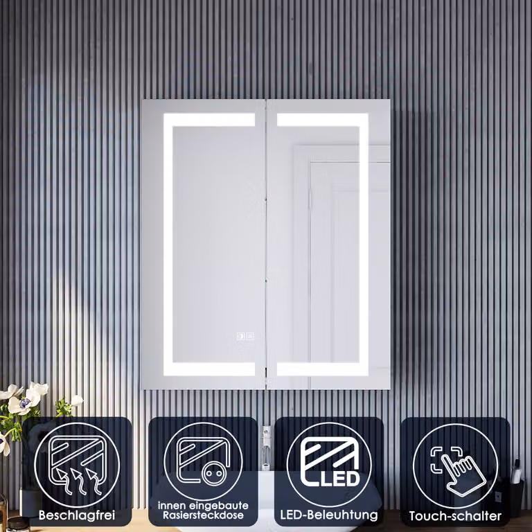 SONNI armadietti a specchio con ante a battente in acciaio inox LED 60x70x13cm con doppio interruttore a sfioramento+interruttore antiappannamento e presa per rasoio