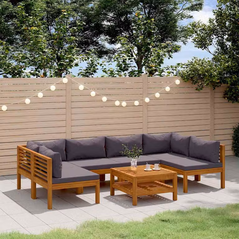 Set di divani da giardino vidaXL in legno di acacia con cuscini grigi e tavolino da esterno, 7 pezzi
