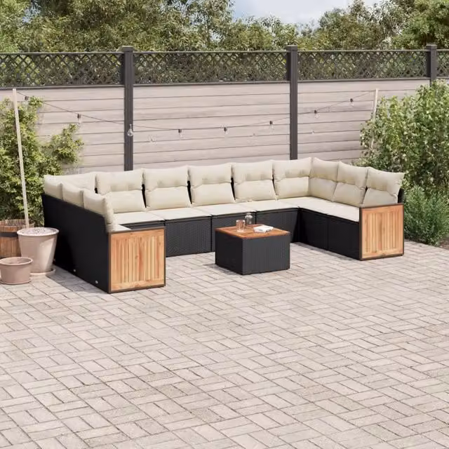 Set da giardino moderno vidaXL composto da 11 pezzi in polyrattan nero con cuscini imbottiti e tavolino da esterno