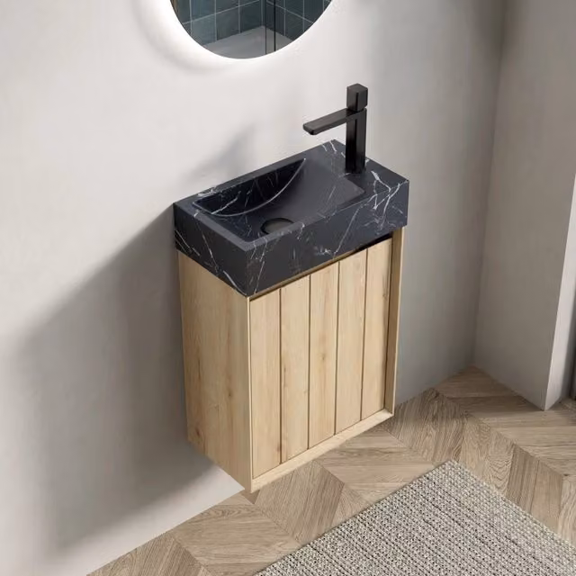 Mobile sottolavabo con lavabo integrato in marmo naturale con 1 anta salvaspazio per bagno nero e rovere bianco
