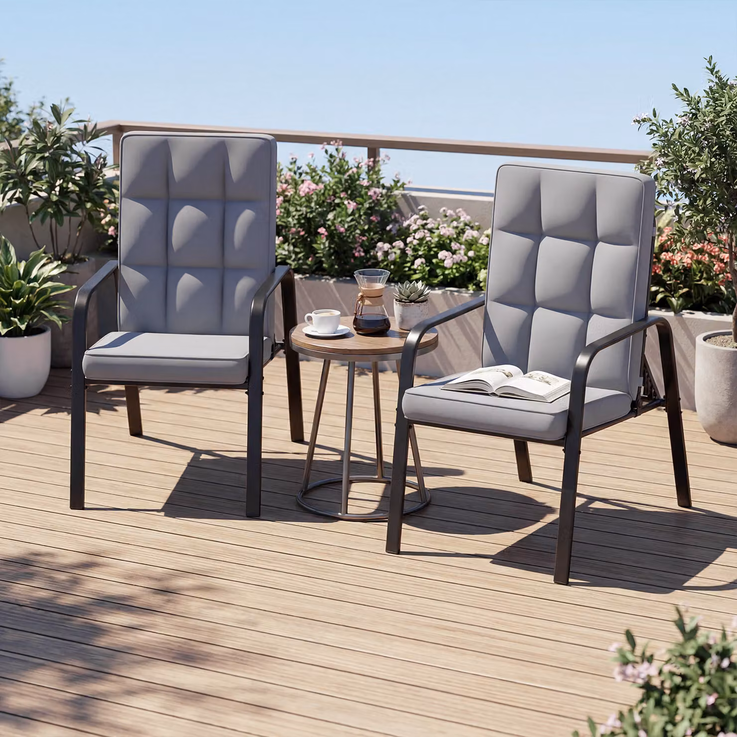Set di 2 sedie da esterno Costway con schienale regolabile e cuscini rimovibili in metallo, poltrone reclinabili moderne per giardino e veranda, grigio o nero opaco