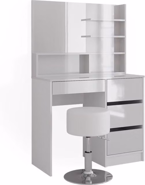 Tavolo da toeletta Sherry Bianco 90 cm con mensola con specchio e sgabello Vicco