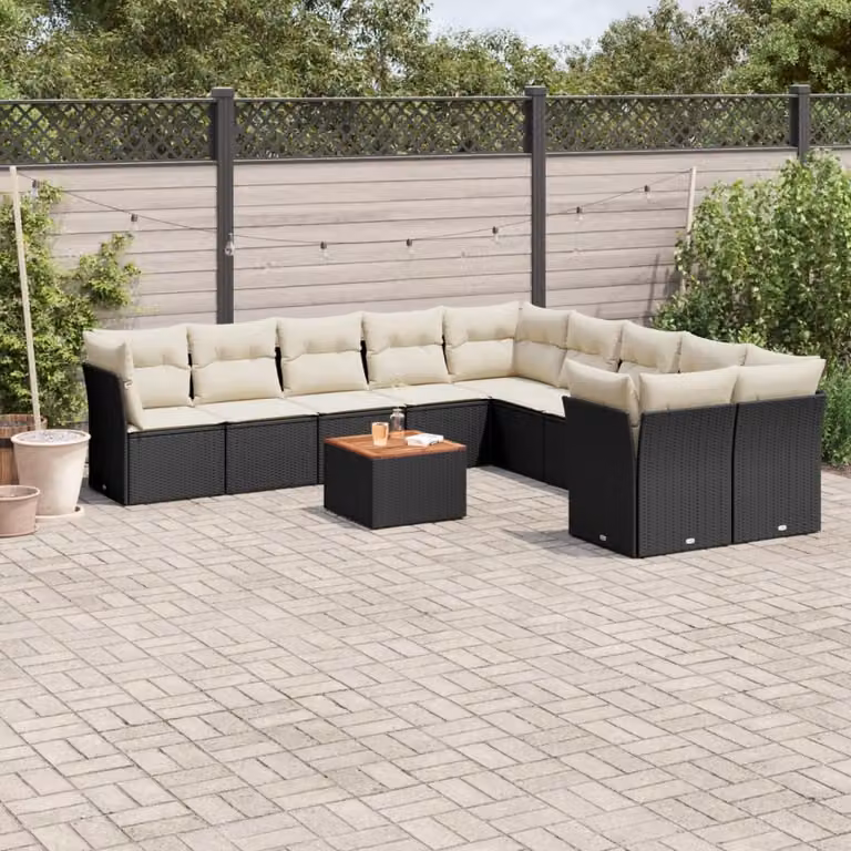 vidaXL Set Divani da Giardino 11 pz in Polyrattan Nero con Cuscini e Tavolino da Esterno