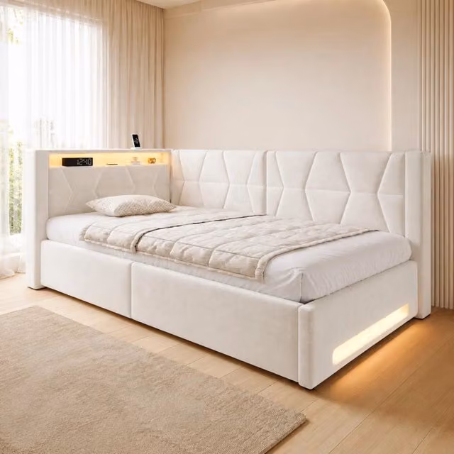 Letto singolo imbottito 90 × 200 cm con vano idraulico, LED, USB e Type-C, senza materasso, velluto beige