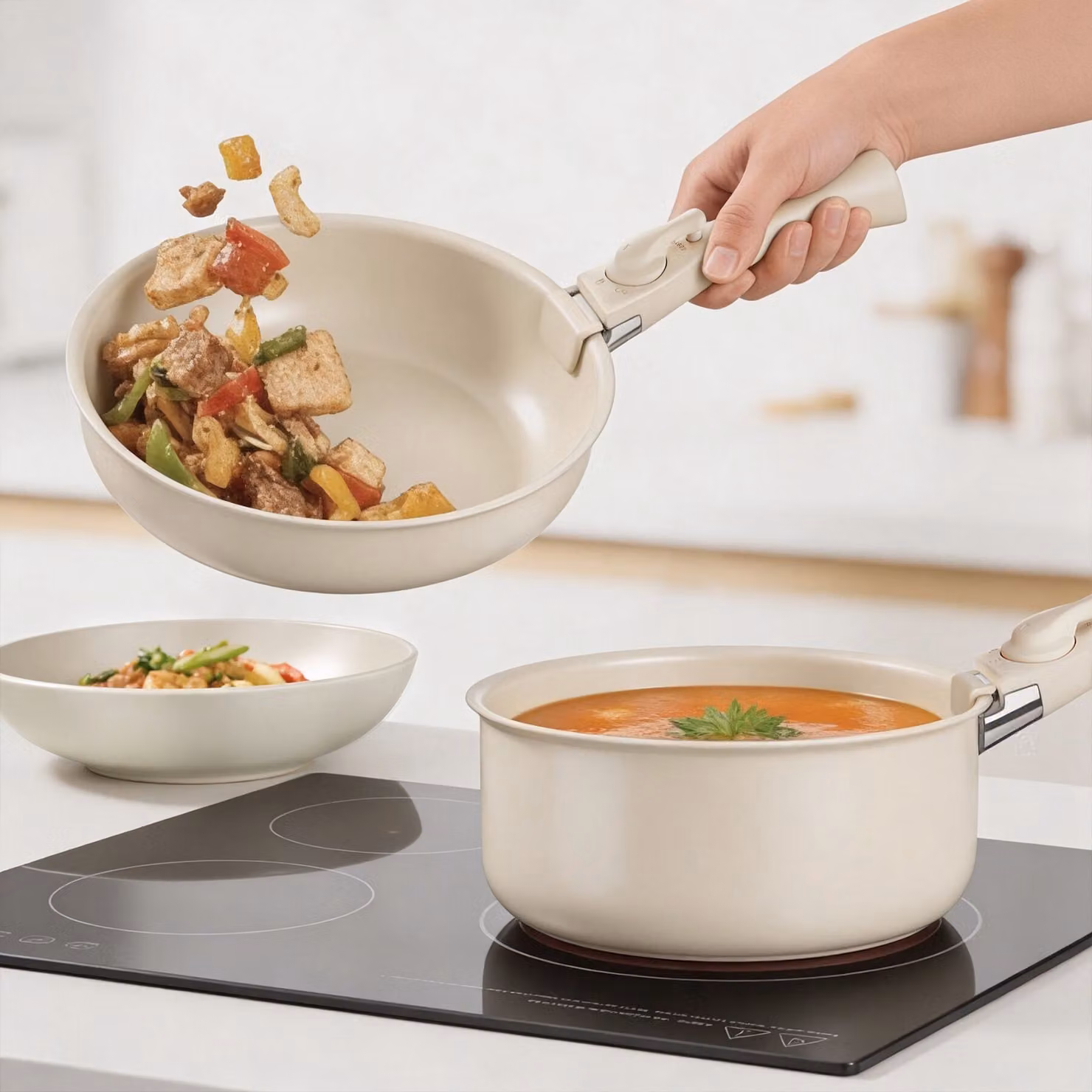 Set iniziale da cucina tectake da 40 pezzi con stoviglie e pentole, beige e bianco – 2