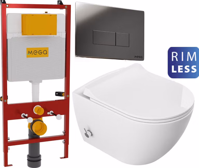 Domotechnika | Wc sospeso con funzione bidet - 51X36X32,5 Cm - Bianco - Senza bordo, chiusura morbida, igienico - Telaio professionale da incasso 110x54x16 cm con pomolo, nero MEGA