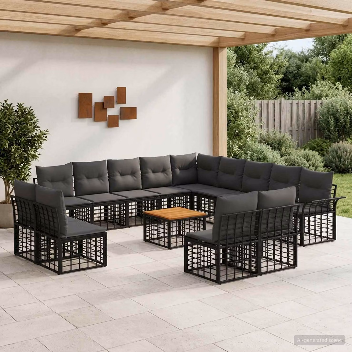 Set di divani da esterno vidaXL a forma di U composto da 14 pezzi con tavolino, colore nero e grigio, struttura in metallo e cuscini in schiuma con rivestimento in tessuto resistente ai raggi UV