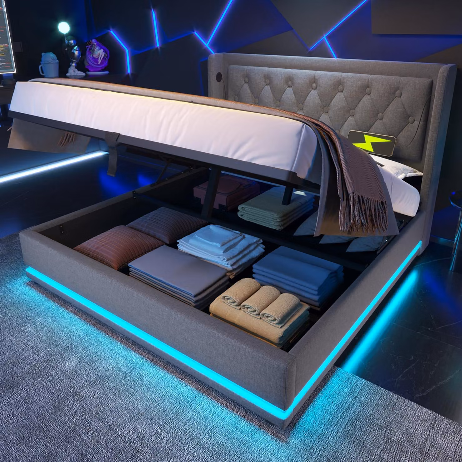 Letto imbottito Flieks 140x200cm con USB e Type-C, letto matrimoniale per ragazzi con LED, letto contenitore idraulico con rete a doghe, cotone, grigio