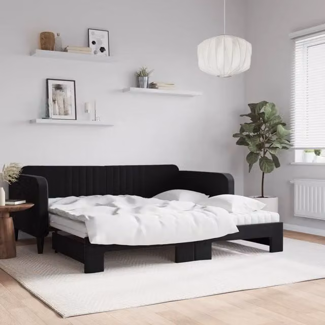 Divano Letto Estraibile vidaXL in Velluto Nero con Cassetto con Materasso 90x190 cm – 1