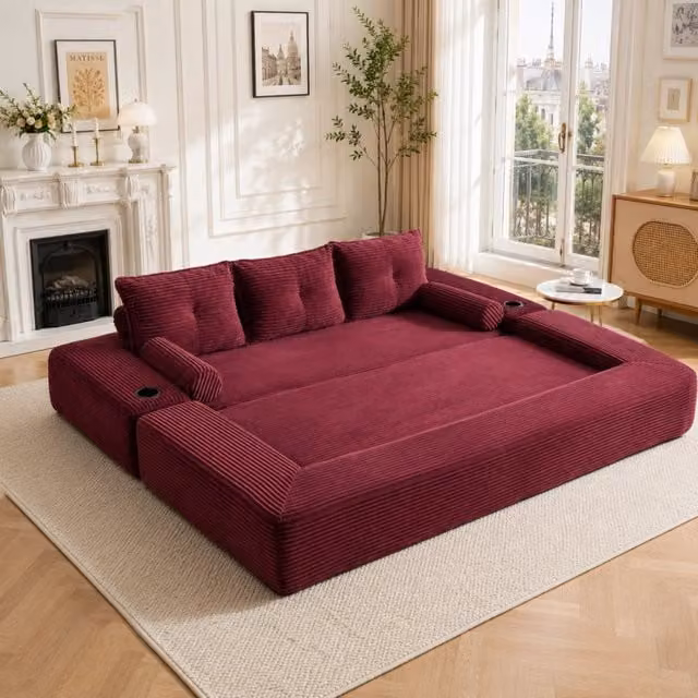 Divano letto modulare MIVRAY in velluto a coste rosso con funzione notte e portabevande
