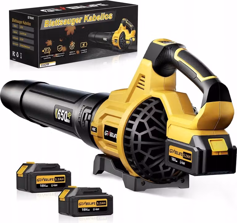 GEVEELIFE Soffiatore per foglie 18 V, 257 km/h, 3 velocità, con 2 batterie da 5,2 Ah