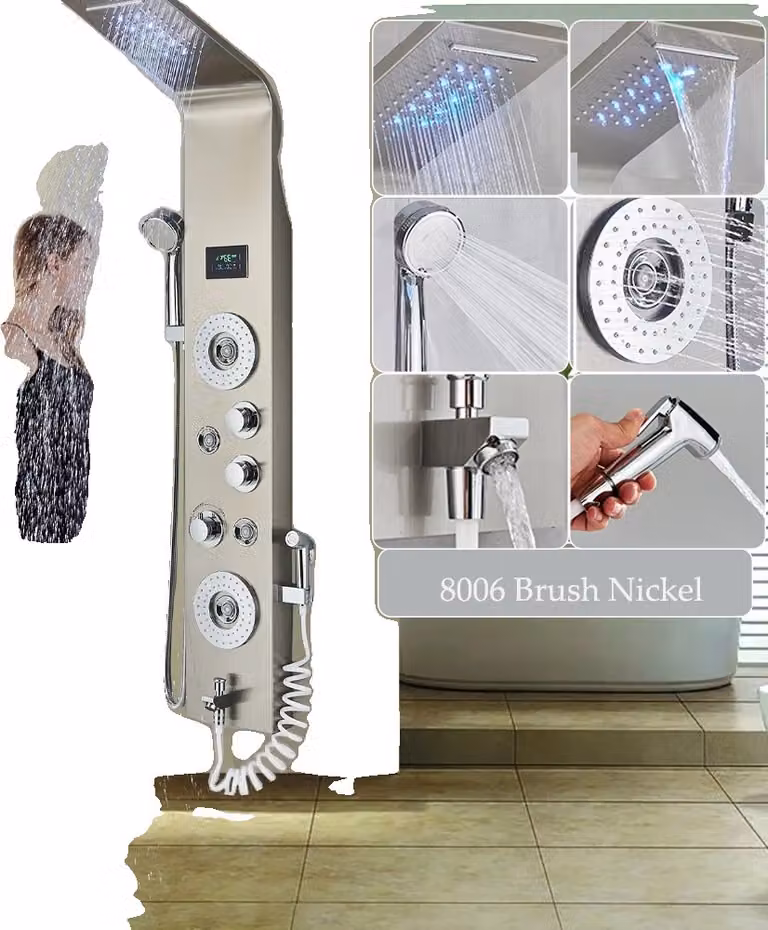 Pannello doccia a LED, comando acqua calda e fredda, design moderno, 8006 nichel spazzolato