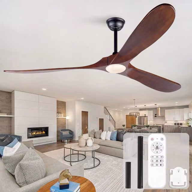 Ventilatore da soffitto con illuminazione LED e telecomando, 3 pale in legno massello marrone, motore DC silenzioso con 6 velocità e timer, dimmerabile 3CCT, diametro 177.8 cm – 1