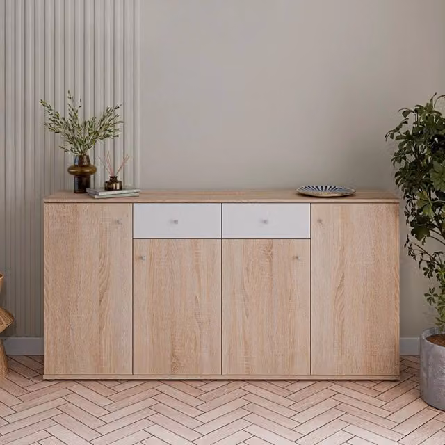 Madia Nilo moderna con 4 ante e 2 cassetti in rovere e bianco L: 159,2 cm – 1