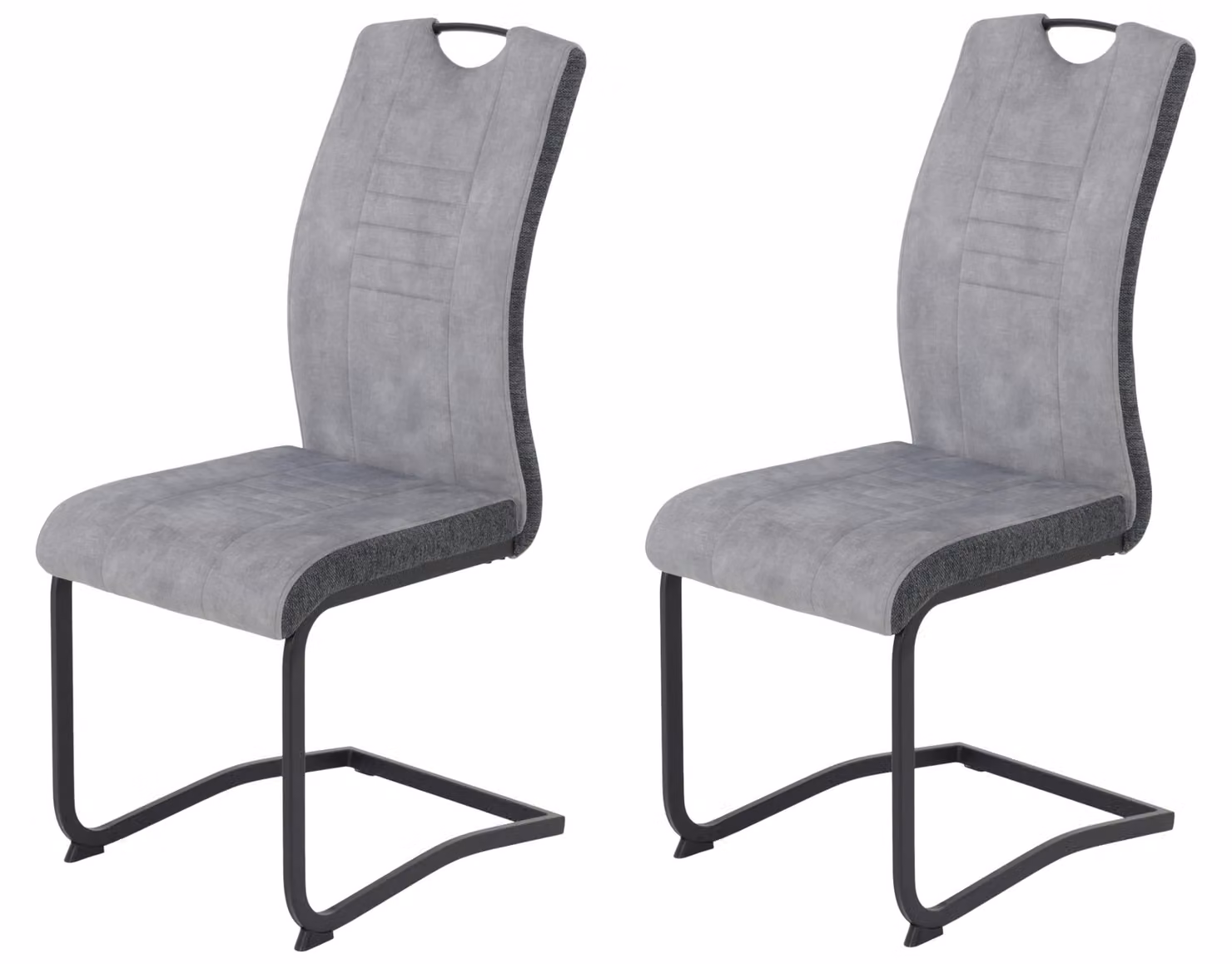 2 poltrone a dondolo, rivestite in velluto color grigio chiaro, con struttura in metallo nero