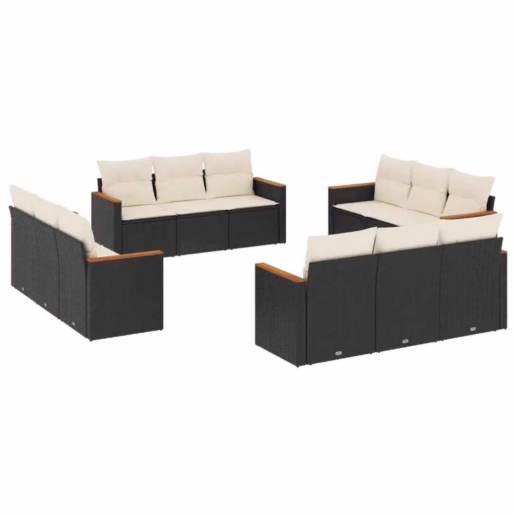 vidaXL Set Divani da Giardino a Forma di U con Cuscini, 12 Pezzi in Polyrattan Nero e Legno di Acacia – 2