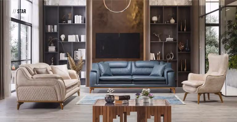 Sofagarnitur 3+3+1 Sitzer Blau Sessel Luxus Leder Sofa Couch Möbel Western Stil