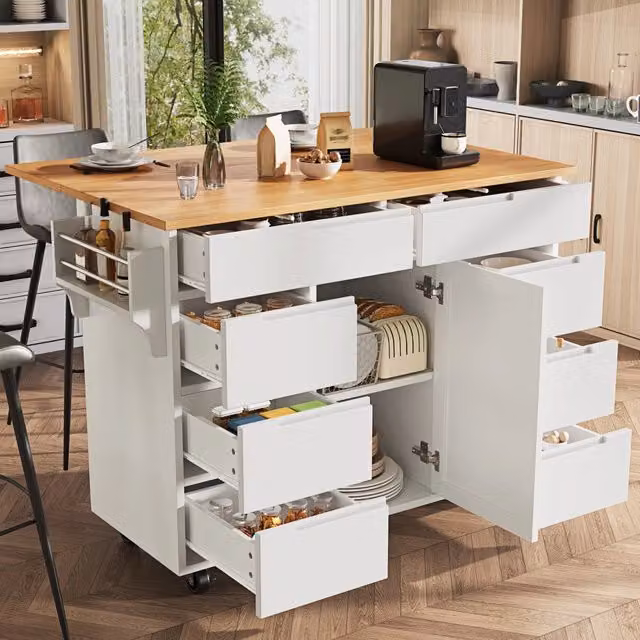 Isola cucina mobile bianca in MDF con 8 cassetti e piano pieghevole 122 x 74,5 x 91,5 cm