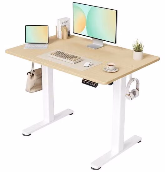 Azomor® Scrivania regolabile elettricamente con struttura bianca e piano da lavoro beige per un lavoro ergonomico, 100x60 cm