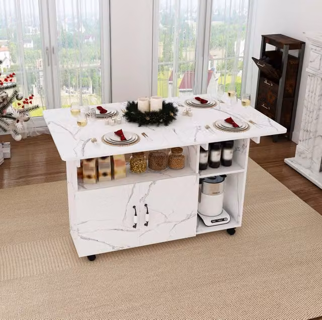 Tavolo pieghevole 3 in 1 MODFU in MDF bianco con ruote e vani portaoggetti L: 110 cm, P: 70 cm, H: 80 cm – 1